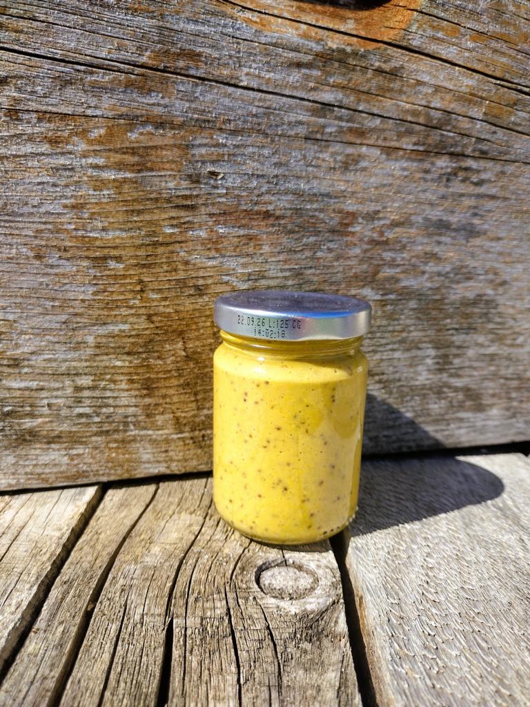 Honigsenf - 140 ml 1 Honig Senf im Glas vor Holz