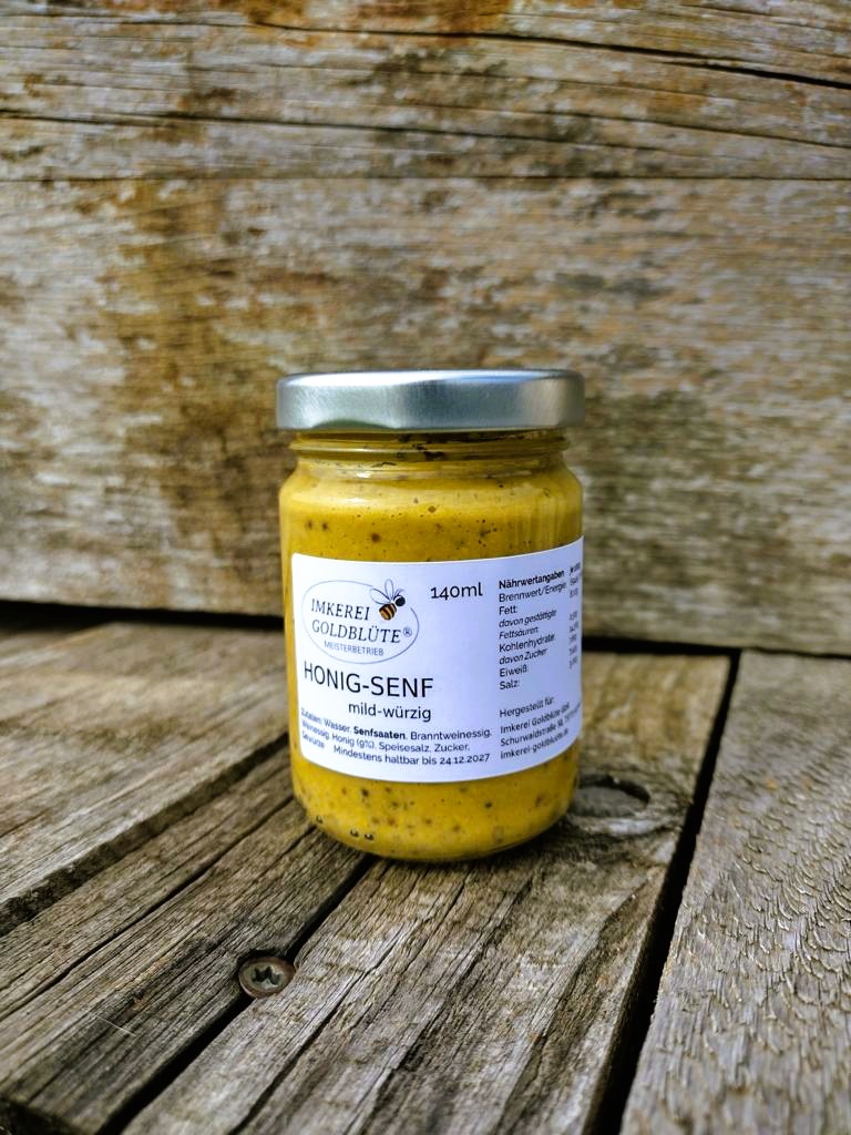 Honigsenf - 140 ml 5 Honigsenf im Glas vor Bienenkasten