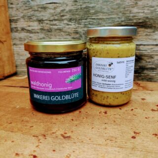 Übersicht der beiden Produkte im Probierpaket Grillgold: Waldhonig und Honigsenf