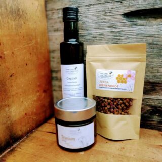 Probierpaket Power alle drei Bienenprodukte nebeneinader